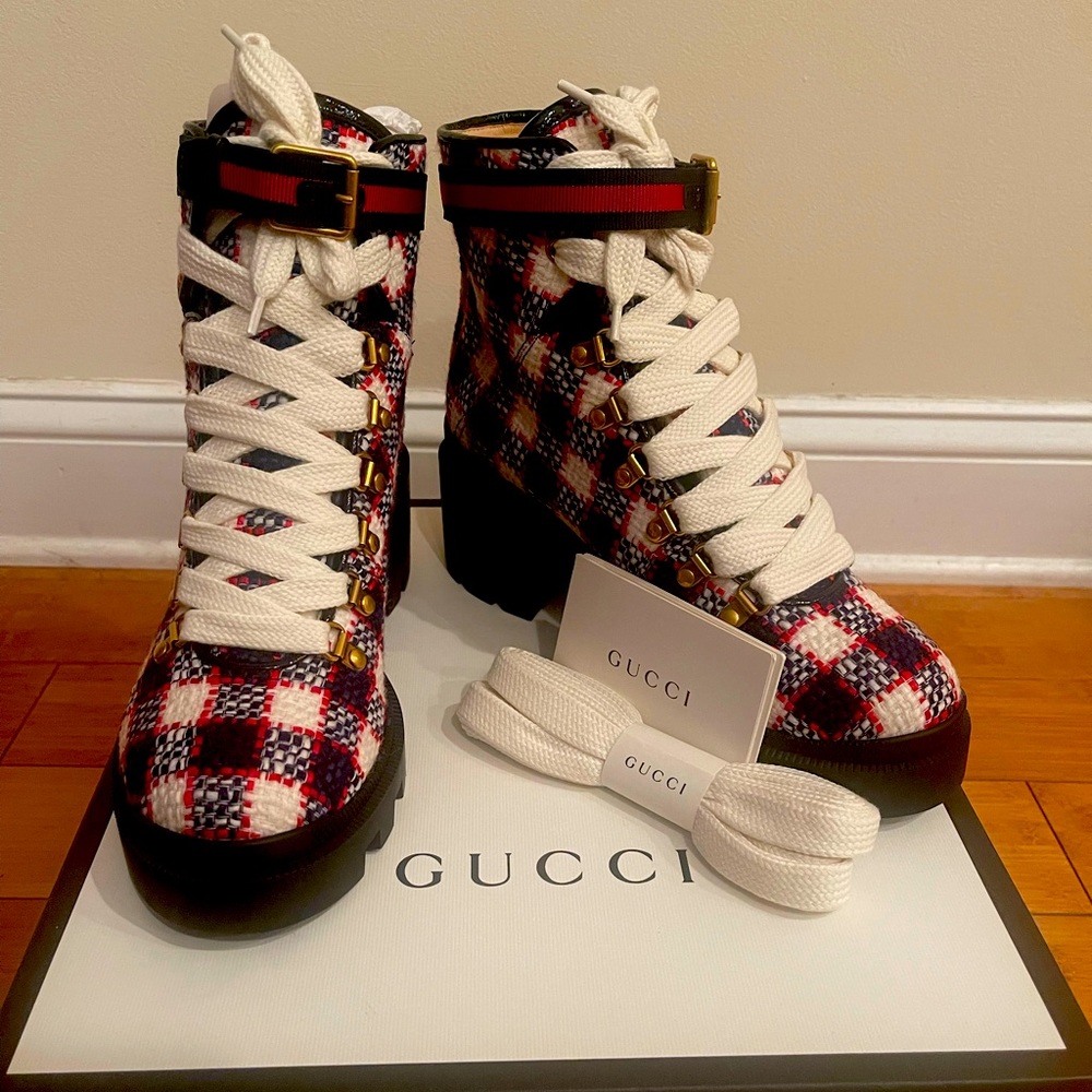 Vintage Tweed Check Lace Up Combat Ankle Boots 39.5 White Hibiscus Red Marine